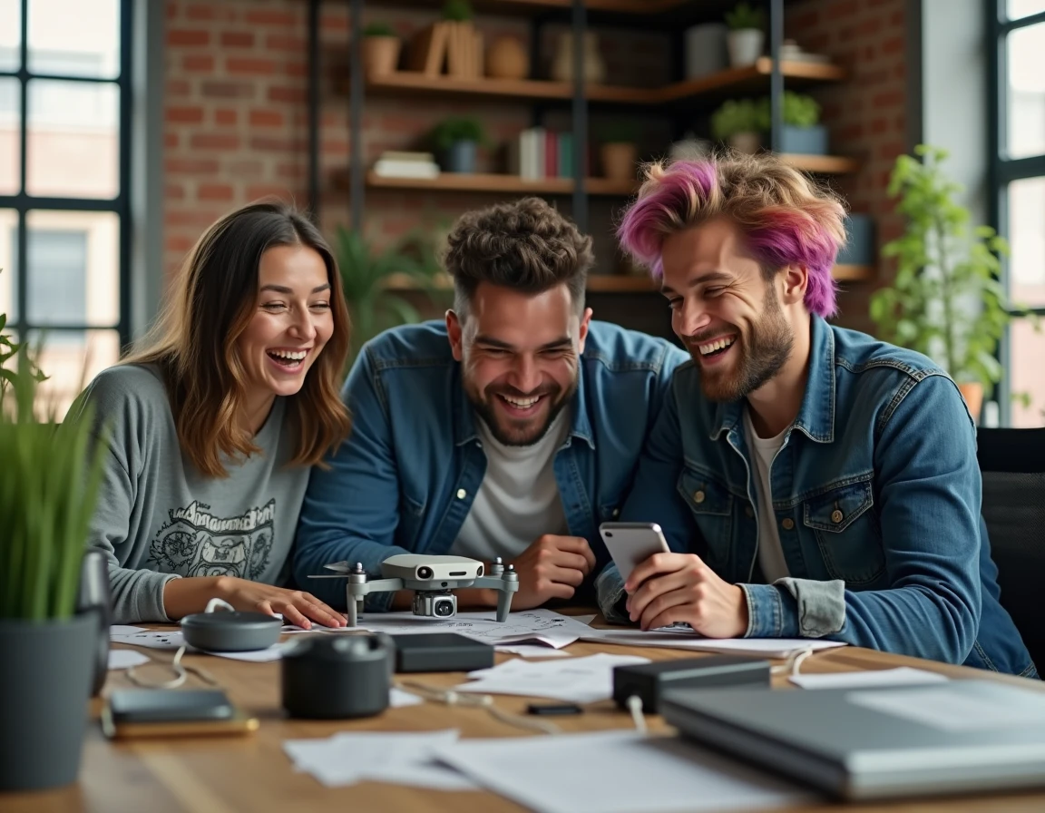 Groupe d'amis découvrant avec enthousiasme des gadgets geek déballés sur un bureau encombré dans un loft créatif