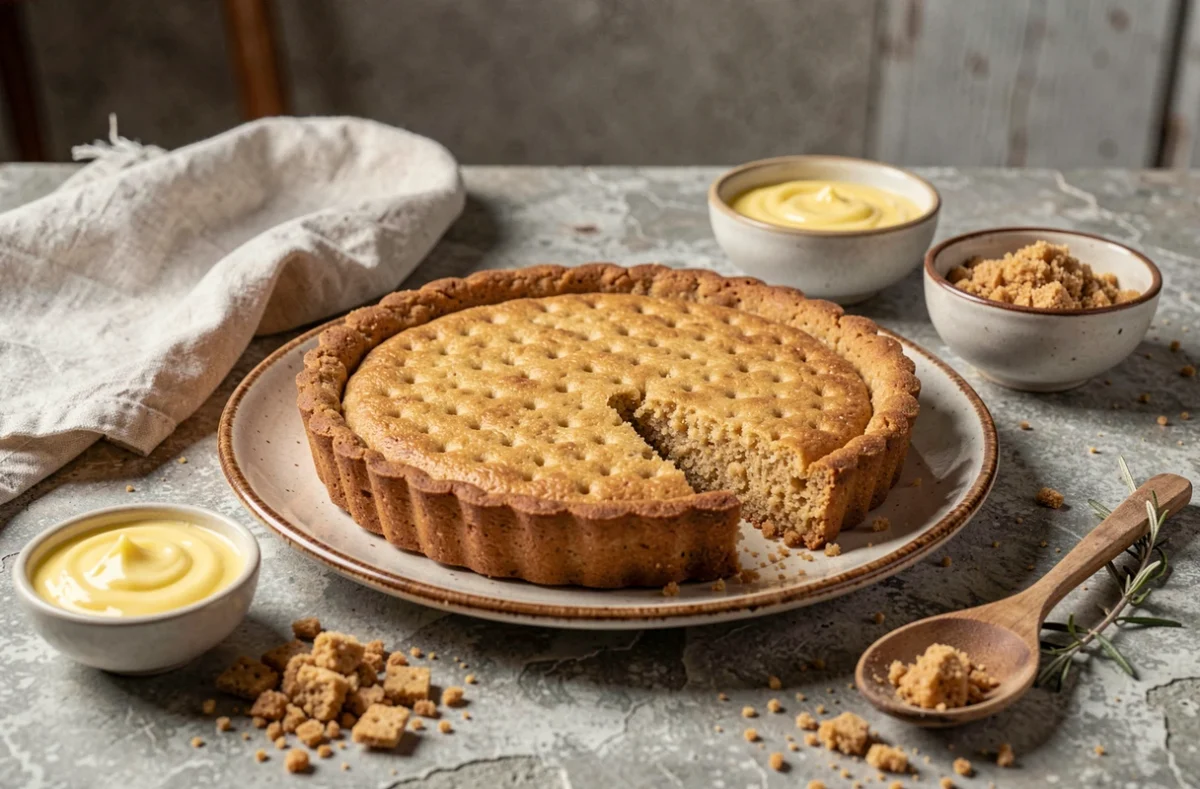 Base de gâteau biscuitée croustillante dorée sur une assiette en céramique vintage entourée d'ingrédients de préparation sur une surface en pierre