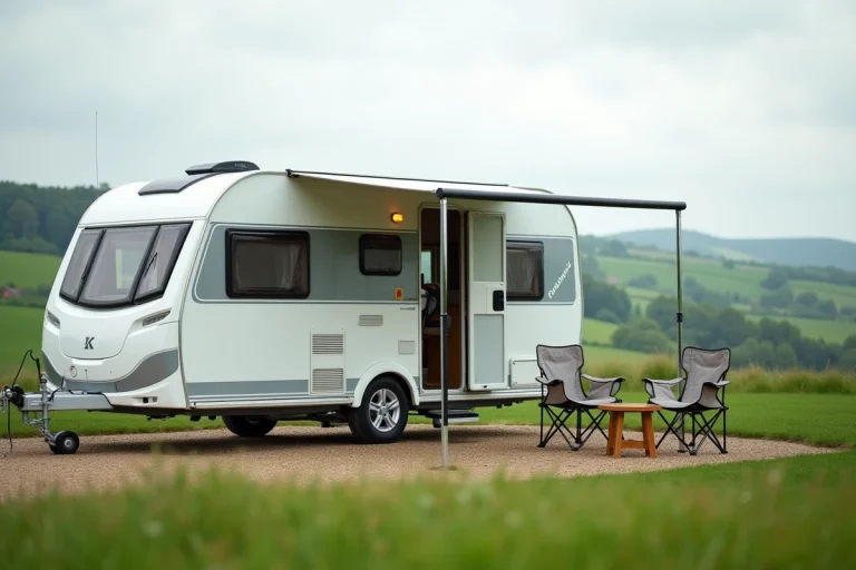 Caravane compacte 2 places garée dans un cadre champêtre avec auvent et mobilier de plein air