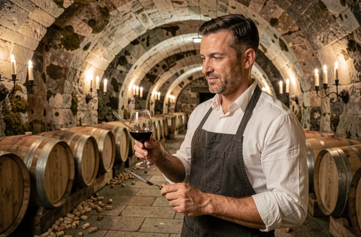 Sommelier réalisant une dégustation de vin dans une cave voûtée authentique à Gevrey-Chambertin avec des fûts de chêne anciens