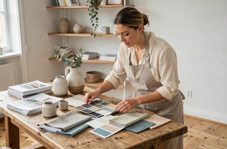 Femme choisissant des échantillons de tissus et de peinture pour décorer son intérieur