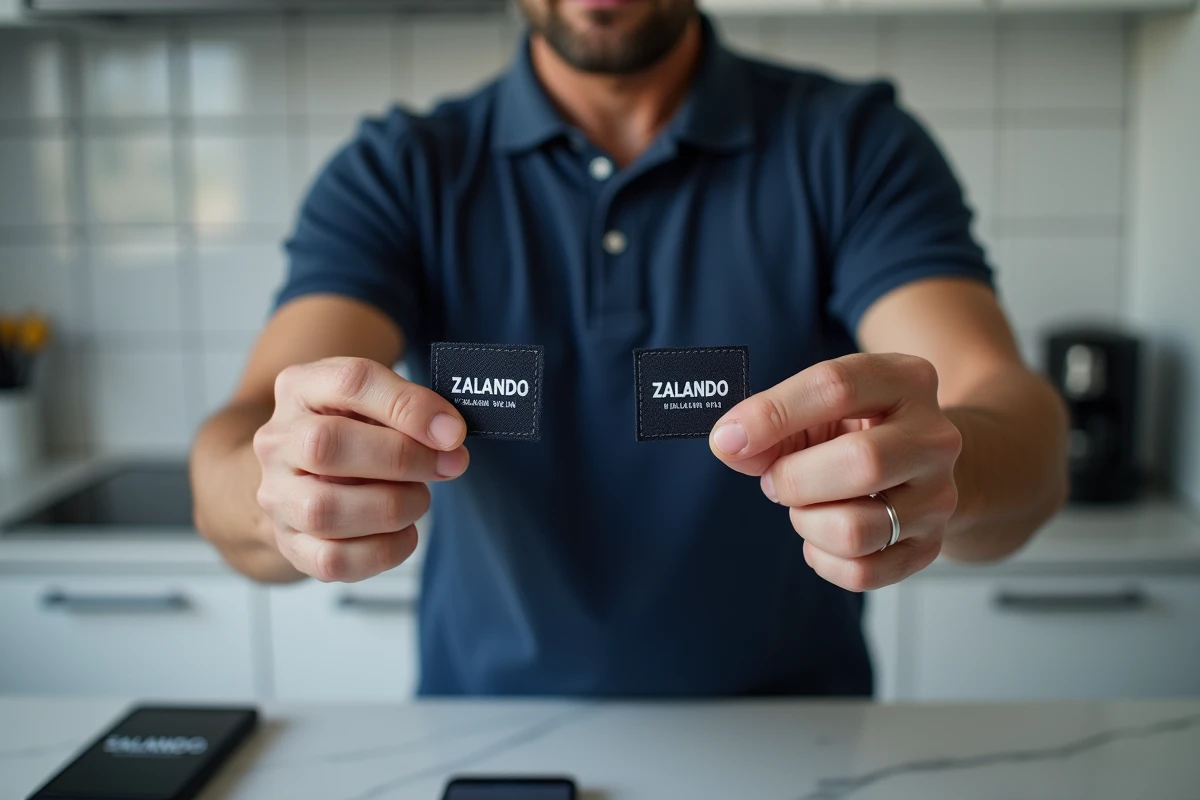 Homme comparant deux étiquettes de vêtements pour identifier une contrefaçon achetée en ligne sur Zalando dans une cuisine moderne