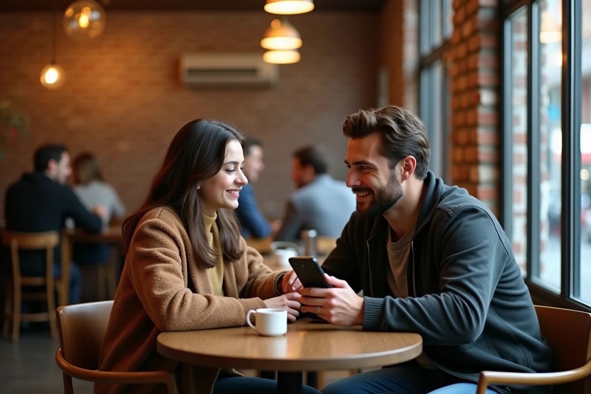 Couple dans un café examinant les résultats d'un simulateur de compatibilité amoureuse sur smartphone avec des expressions mitigées