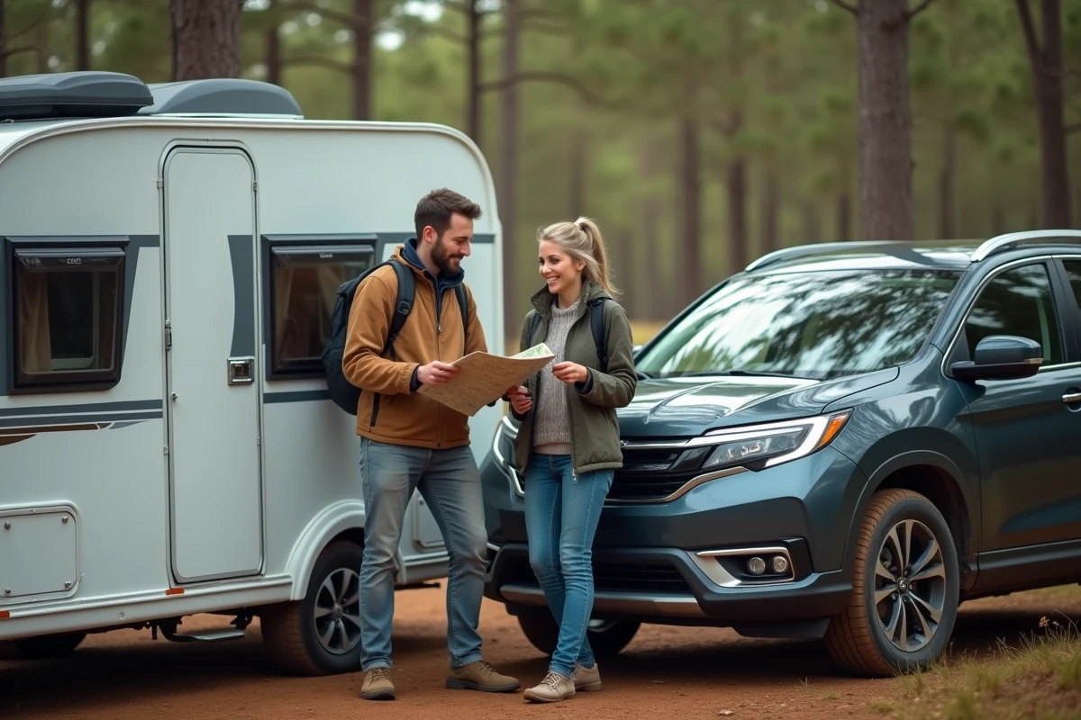 Couple de campeurs devant une caravane compacte attelée à un SUV dans un camping en forêt de pins