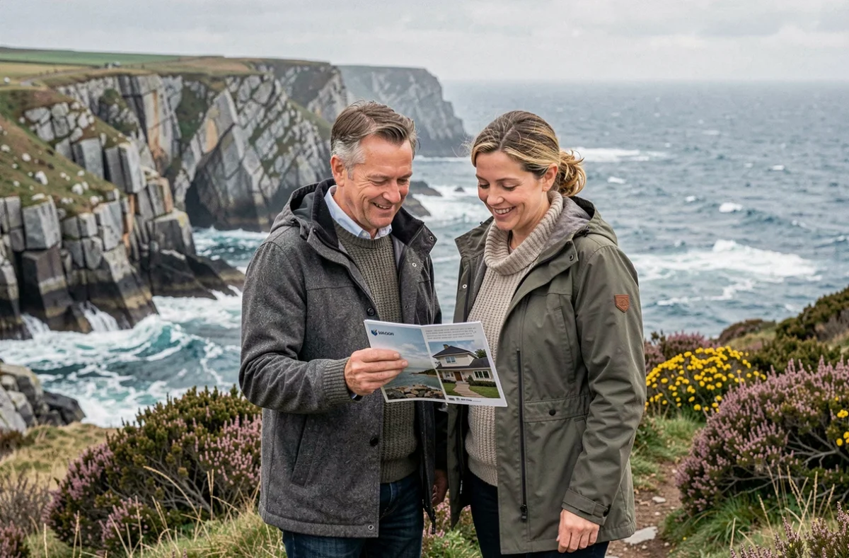 Couple en pull en laine consultant une brochure immobilière sur les falaises de granit de la côte bretonne