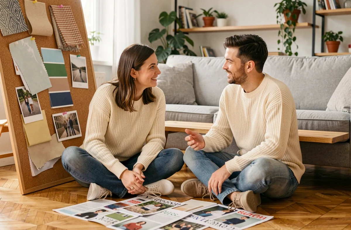 Couple créant un moodboard de décoration intérieure dans leur salon