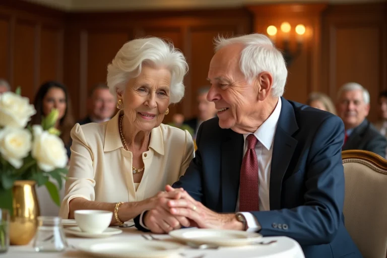 Couple de personnes âgées tenant leurs mains entrelacées lors d'une célébration de 50 ans de mariage entouré de fleurs blanches et de décorations dorées