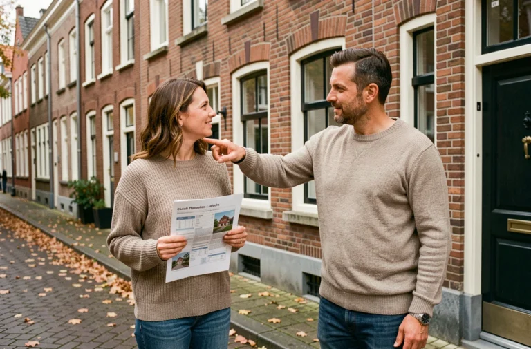 Couple en train de visiter une maison à colombages en Belgique, tenant une fiche immobilière devant une façade en briques rouges typique de Bruxelles