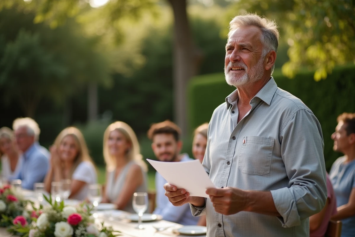 Homme prononçant un discours émouvant lors d'un repas de famille en plein air pour célébrer les 50 ans de mariage de ses parents