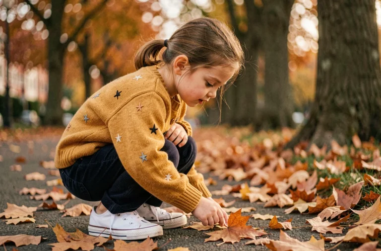 Petite fille de 7 ans habillée avec style en pull moutarde et pantalon en velours côtelé bleu marine dans un parc en automne