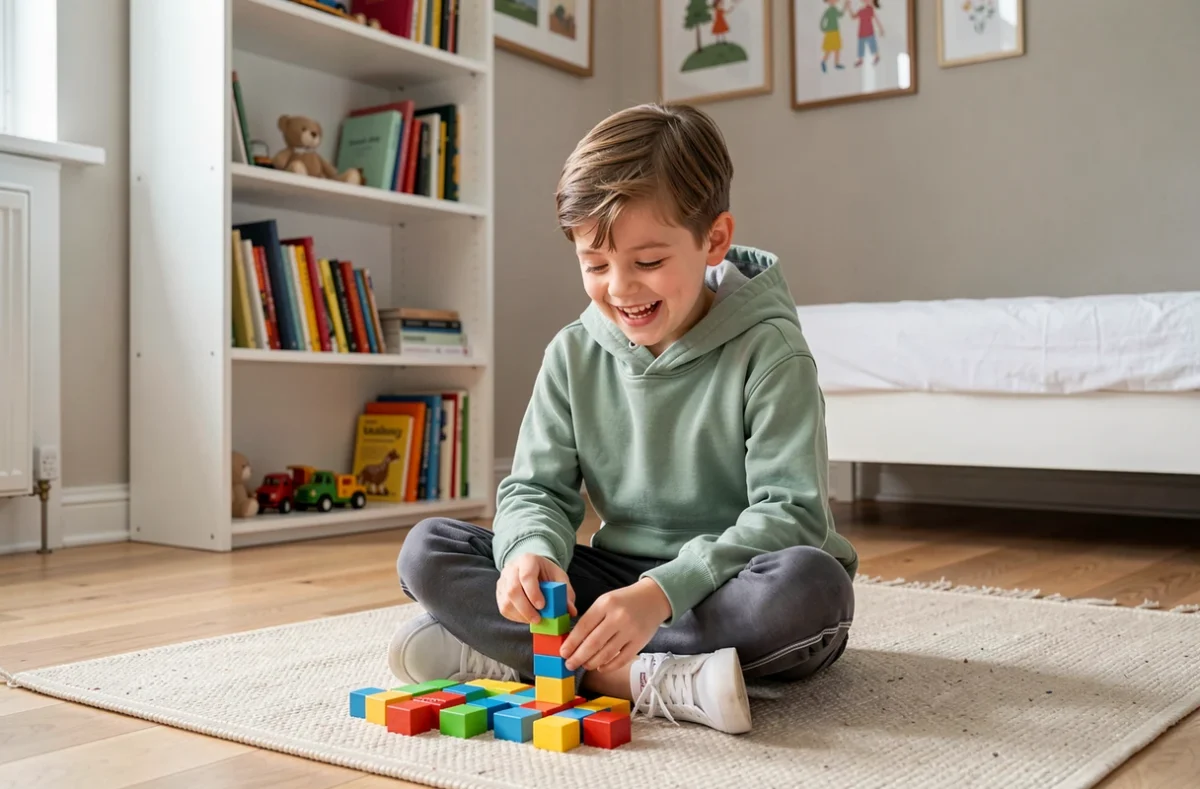 Garçon de 9 ans en tenue confortable vert sauge et jogger gris jouant dans une chambre contemporaine lumineuse