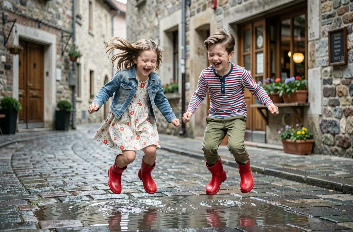 Deux enfants frère et sœur en tenues coordonnées colorées sautant dans les flaques sur une rue pavée après la pluie