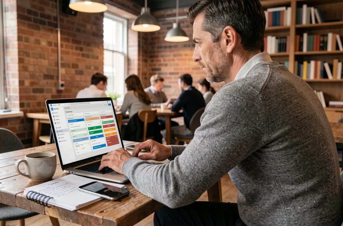 Entrepreneur concentré utilisant un logiciel de gestion d'entreprise sur ordinateur portable dans un espace de coworking, symbolisant l'efficacité et la structuration business en 2026