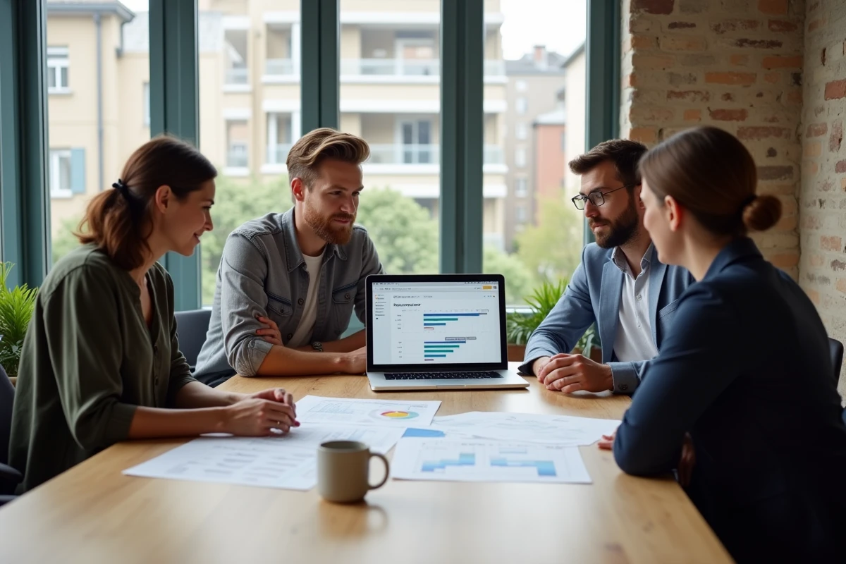 Équipe de professionnels en réunion autour d'un tableau de bord de gestion de projet dans un espace de coworking français