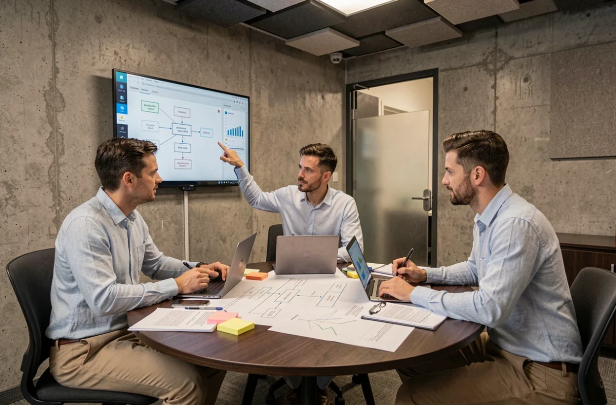 Équipe de professionnels analysant des diagrammes de structuration d'entreprise lors d'une réunion stratégique autour d'un tableau de bord numérique
