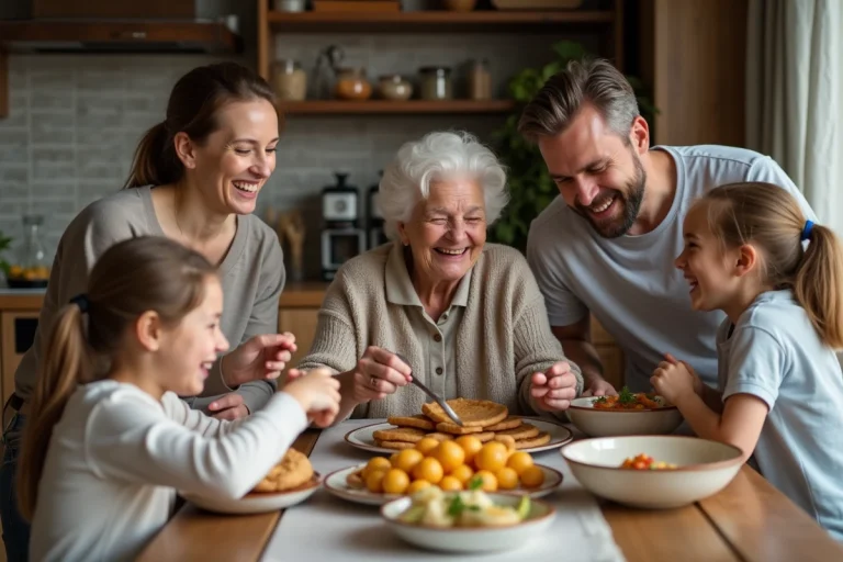 Famille multigenerations partageant un repas convivial à la maison