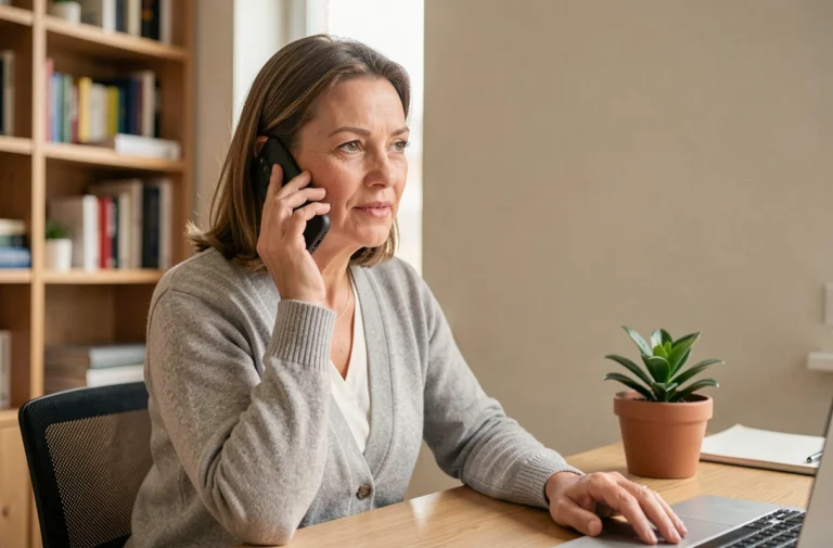 Femme au téléphone consultant une équipe médicale depuis son bureau à domicile