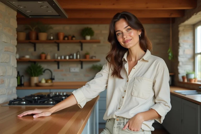 Jeune femme dans une cuisine chaleureuse en lin