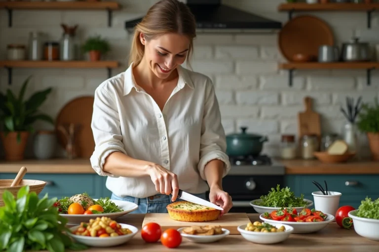 Femme souriante préparant un gâteau de zucchini et fromage de chèvre