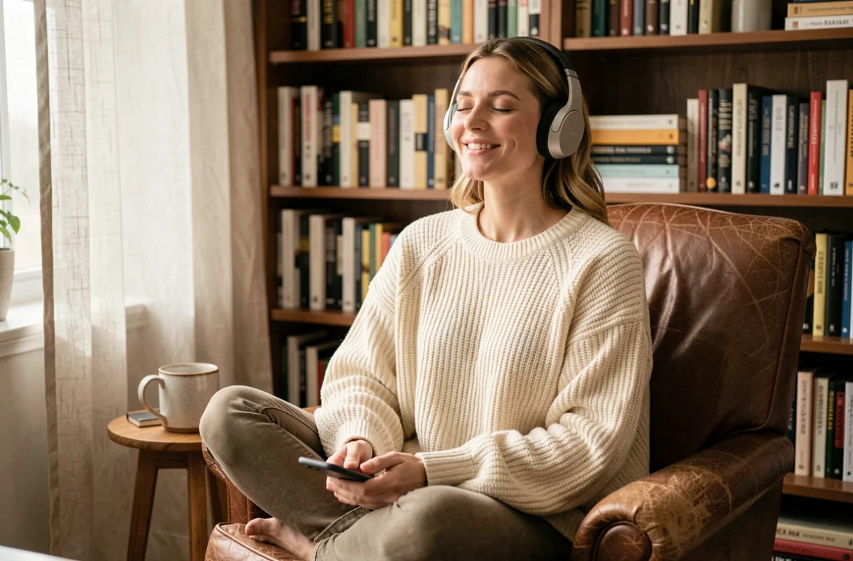 Femme écoutant un livre audio avec un casque sans fil tout en gagnant de l'argent sur son smartphone, assise dans un fauteuil en cuir chez elle