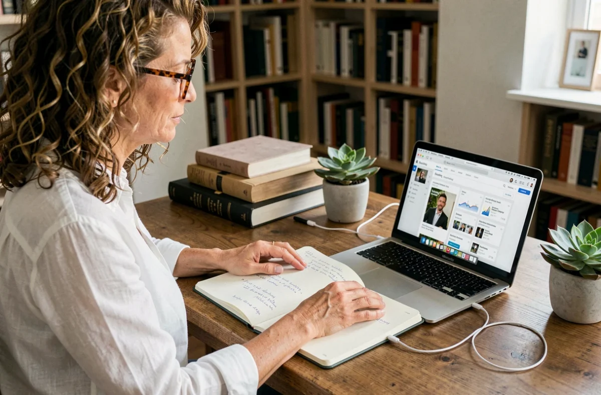 Femme prenant des notes tout en écoutant un livre audio rémunéré sur ordinateur, assise à son bureau avec un tableau de bord de gains visible