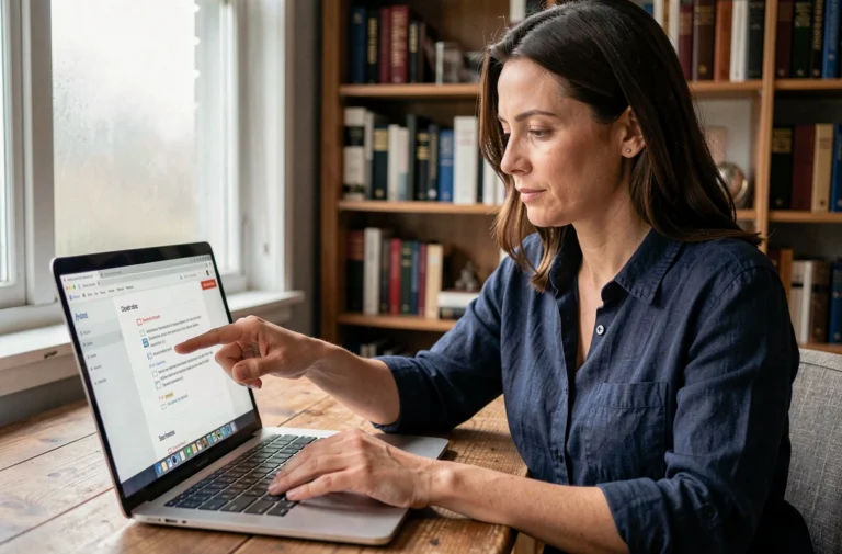 Femme consultant le plan du site d'un blog sur son ordinateur portable dans un bureau à domicile