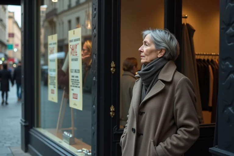 Femme d'âge moyen devant un magasin fermé et vide