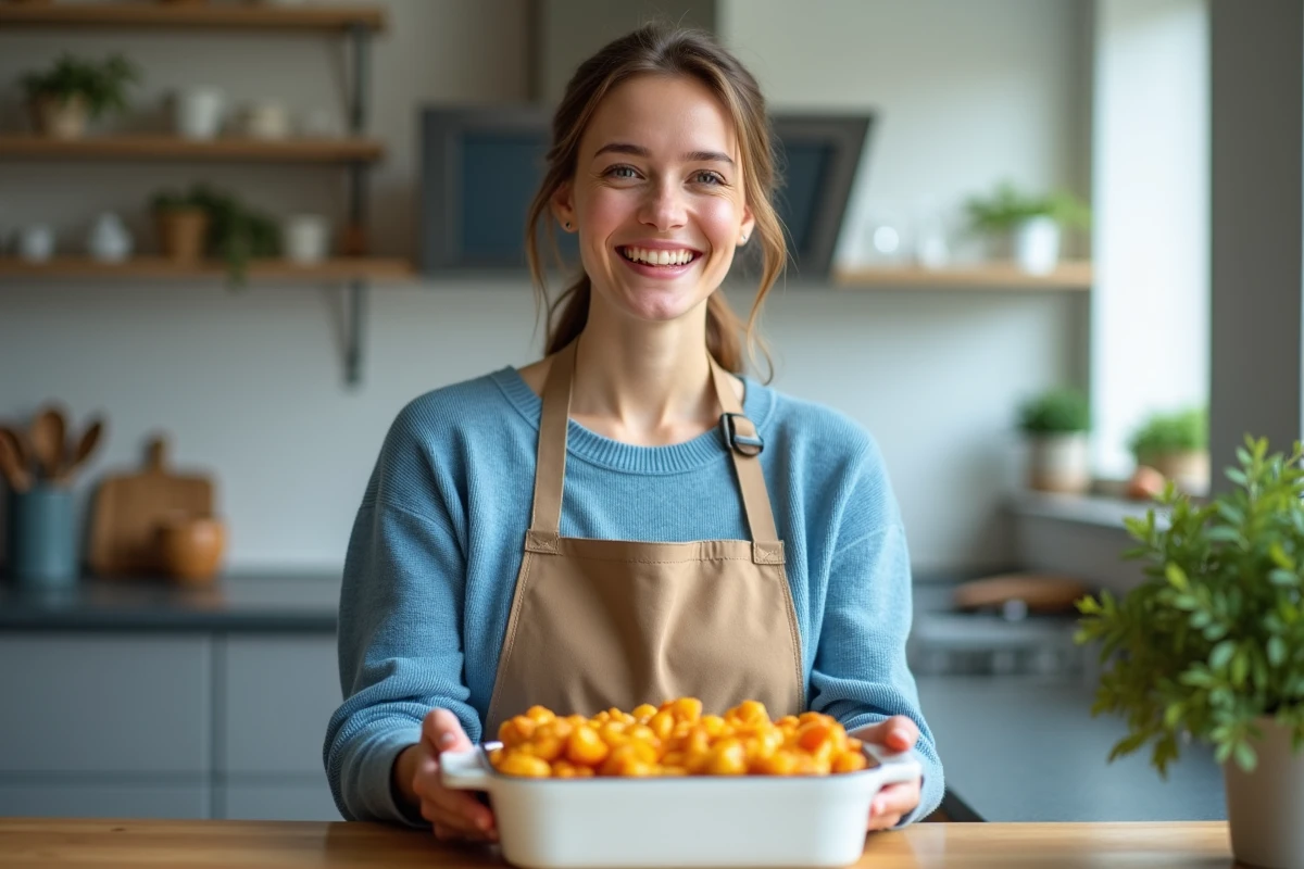 Jeune femme fiere présentant un plat coloré dans la cuisine moderne