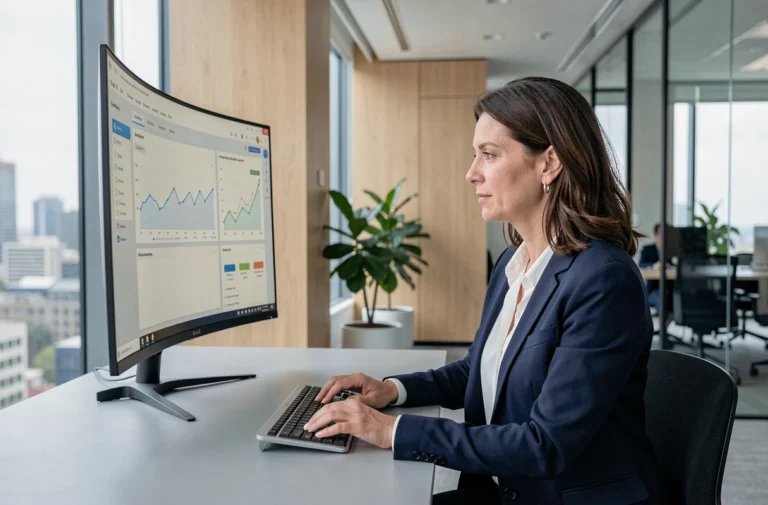 Femme professionnelle travaillant sur un tableau de bord d'entreprise structuré dans un bureau moderne, illustrant l'efficacité organisationnelle avec CorexiaPro