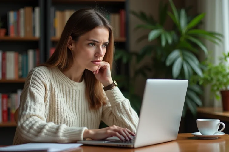 Femme sceptique consultant un simulateur de compatibilité amoureuse sur son ordinateur portable à la maison