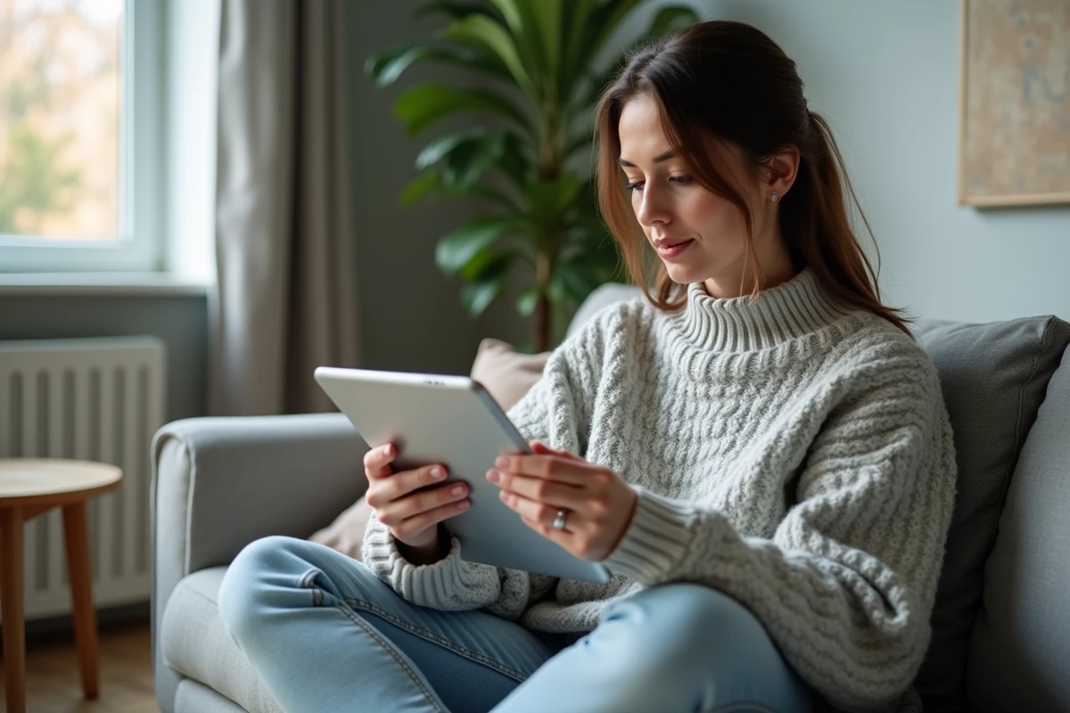 Femme consultant sa tablette sur le canapé pour trouver le bon lien vers 1jour1film en 2024