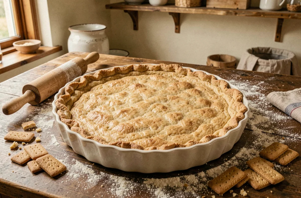 Fond de tarte biscuité croustillant pressé dans un moule en céramique cannelé vu de dessus sur un plan de travail en bois fariné