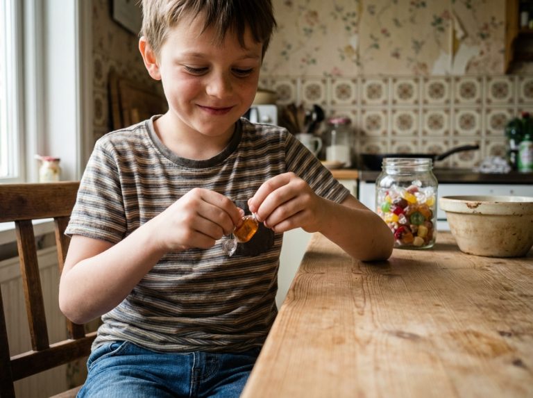 Jeune garçon de 8 ans déballant un bonbon dans une cuisine vintage