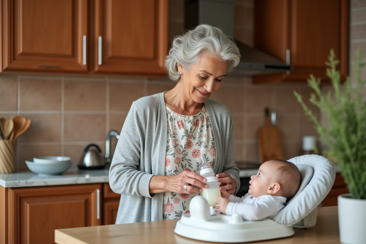 Grand-mère préparant un biberon dans une cuisine familiale pendant que son petit-enfant est installé dans un transat