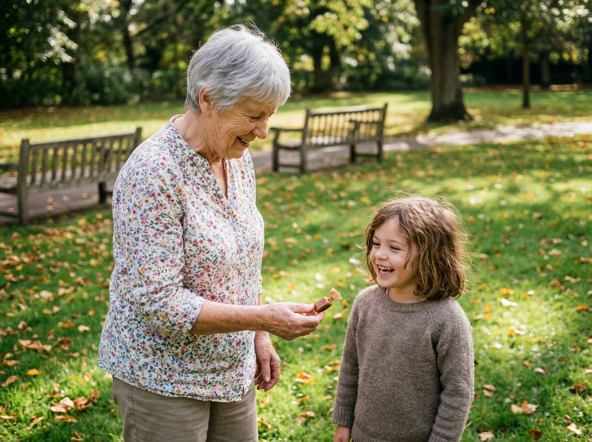 Grand-mère âgée offrant un caramel à sa petite-fille dans un parc