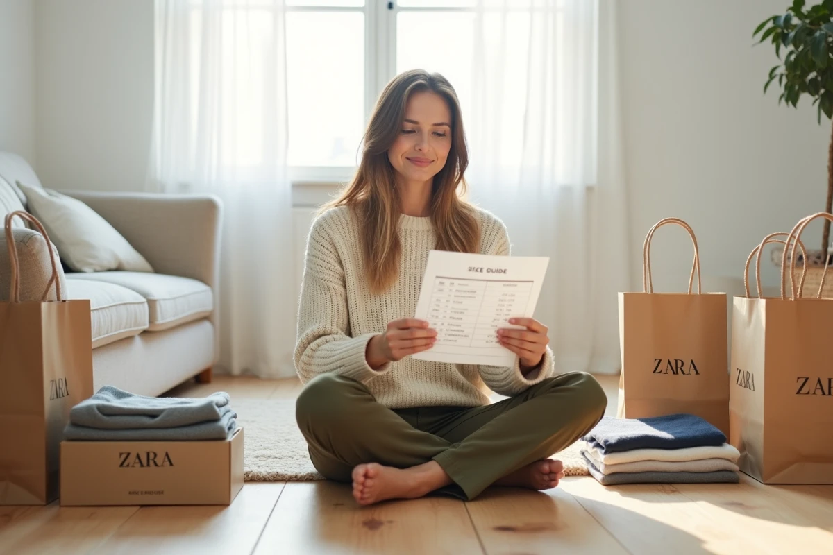 Femme consultant un guide des tailles Zara à la maison entourée de vêtements