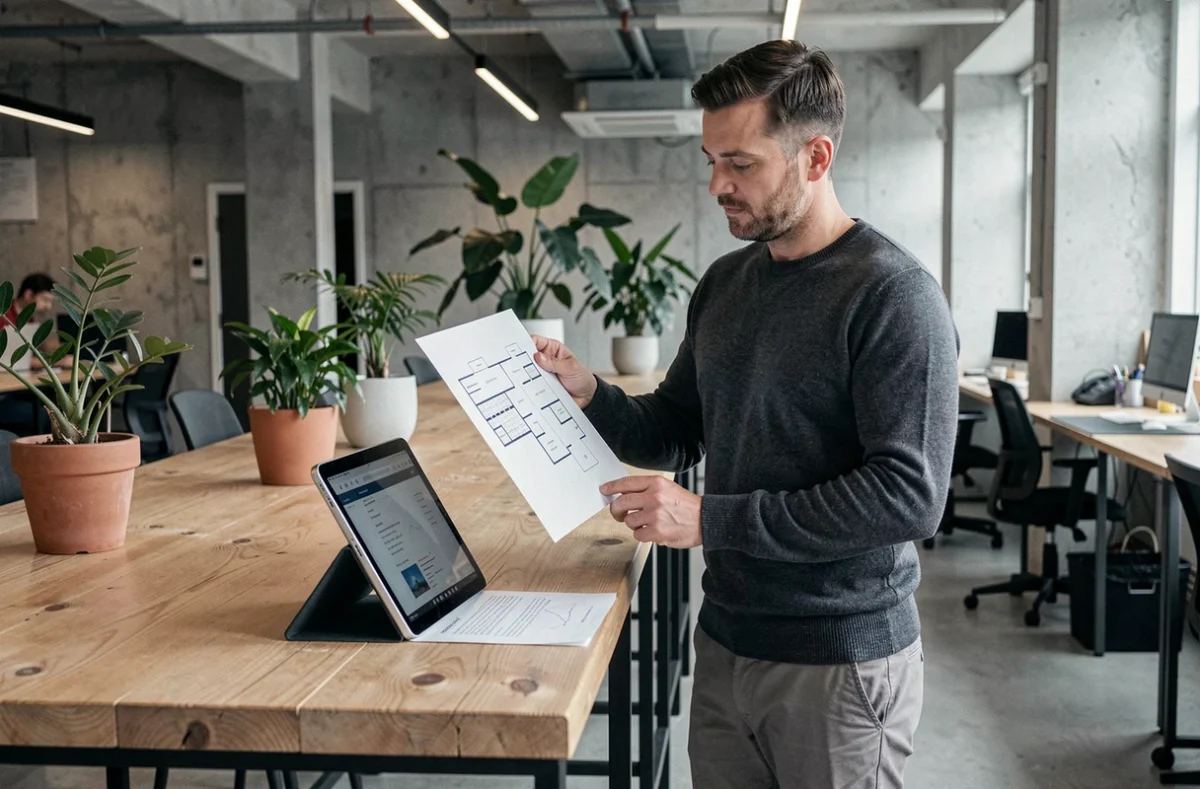 Homme analysant un plan de site imprimé dans un espace de coworking moderne