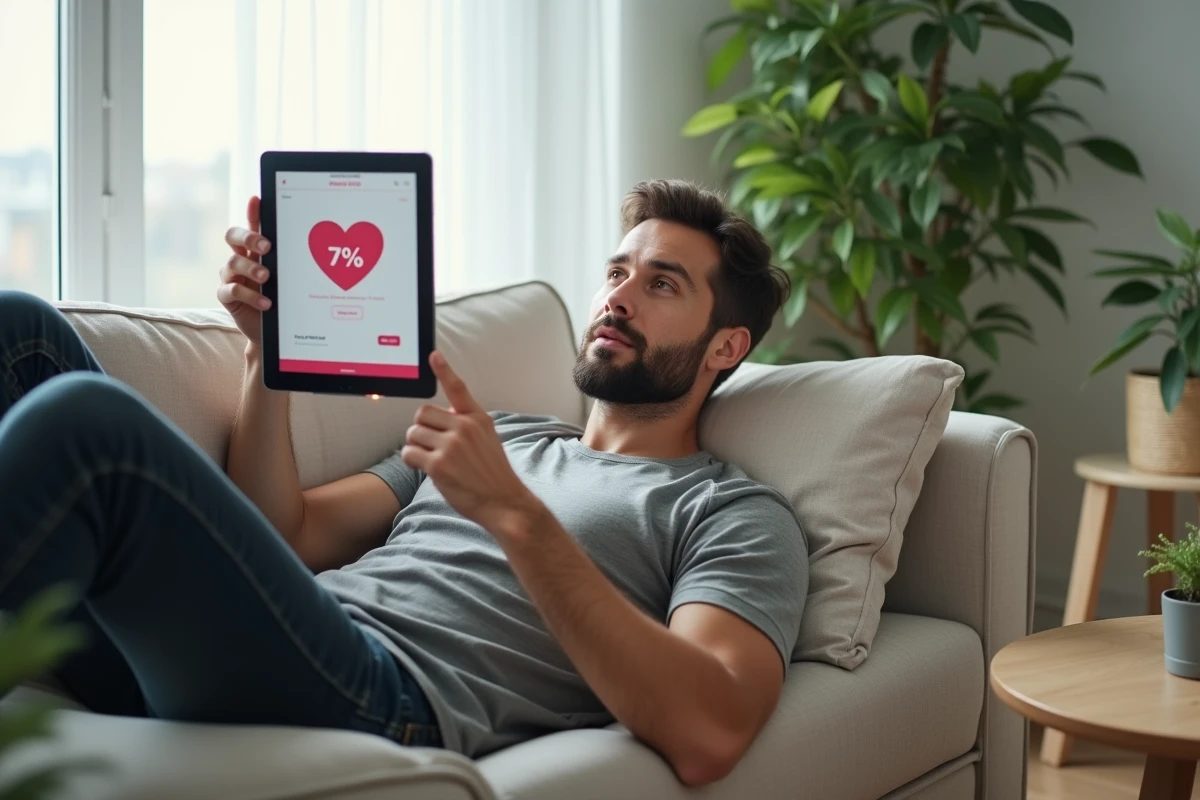 Homme allongé sur un canapé regardant avec scepticisme les résultats d'un simulateur de compatibilité amoureuse sur tablette