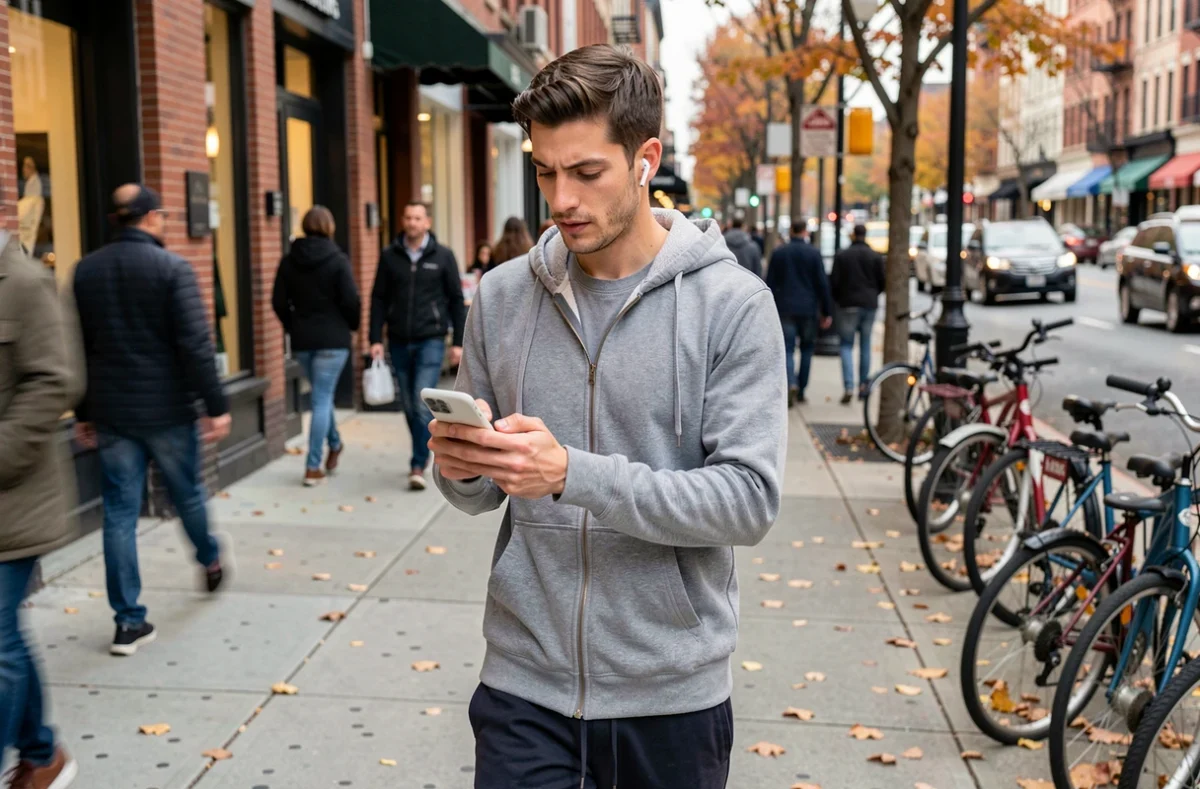 Homme écoutant un livre audio en marchant en ville tout en consultant une application de rémunération sur son smartphone
