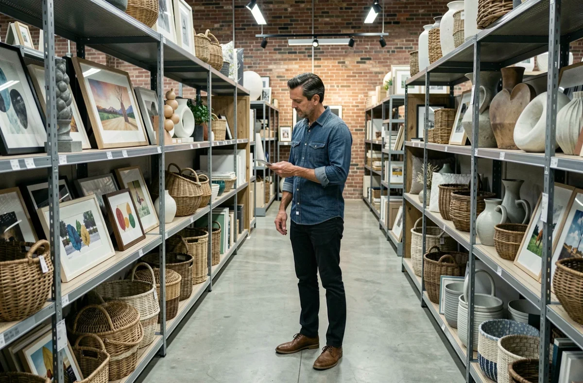 Homme parcourant un magasin de décoration pour choisir des accessoires de maison