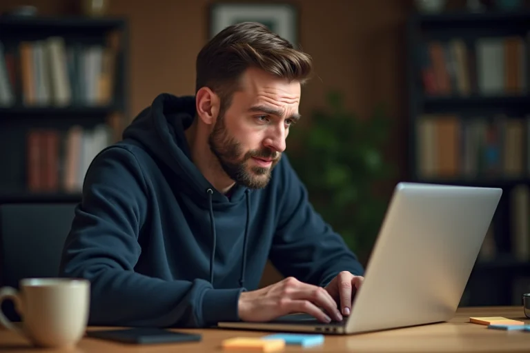 Homme cherchant la nouvelle adresse de 1jour1film sur son ordinateur portable depuis son bureau à domicile