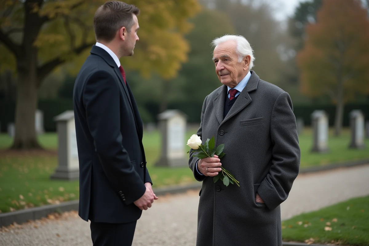 Homme âgé avec une rose blanche au cimetière