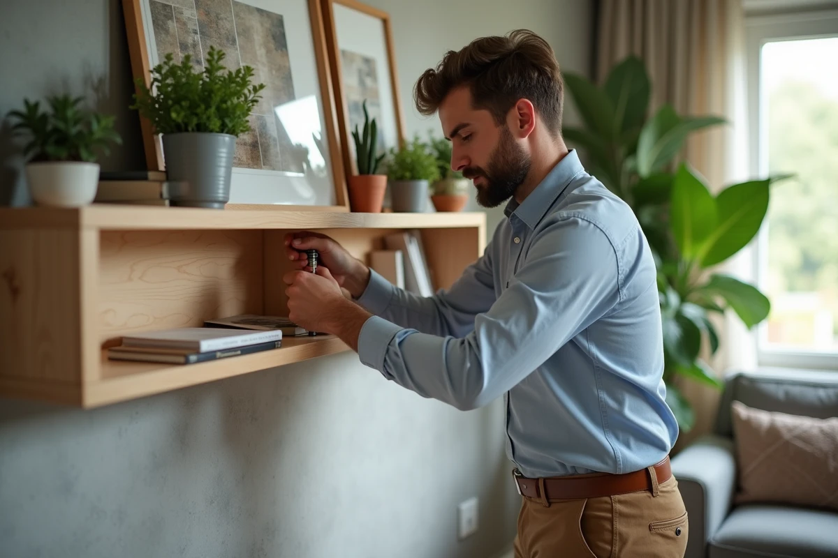 Jeune homme fixant une étagère en bois dans le salon