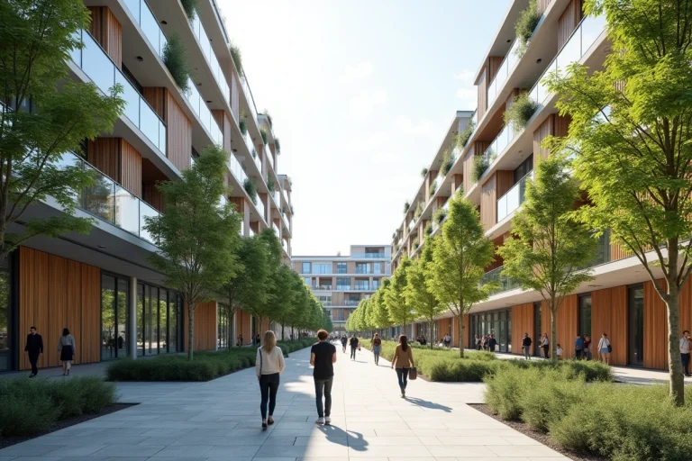 Immeuble moderne à usage mixte dans le cluster Paris-Saclay avec façades en verre et terrasses végétalisées