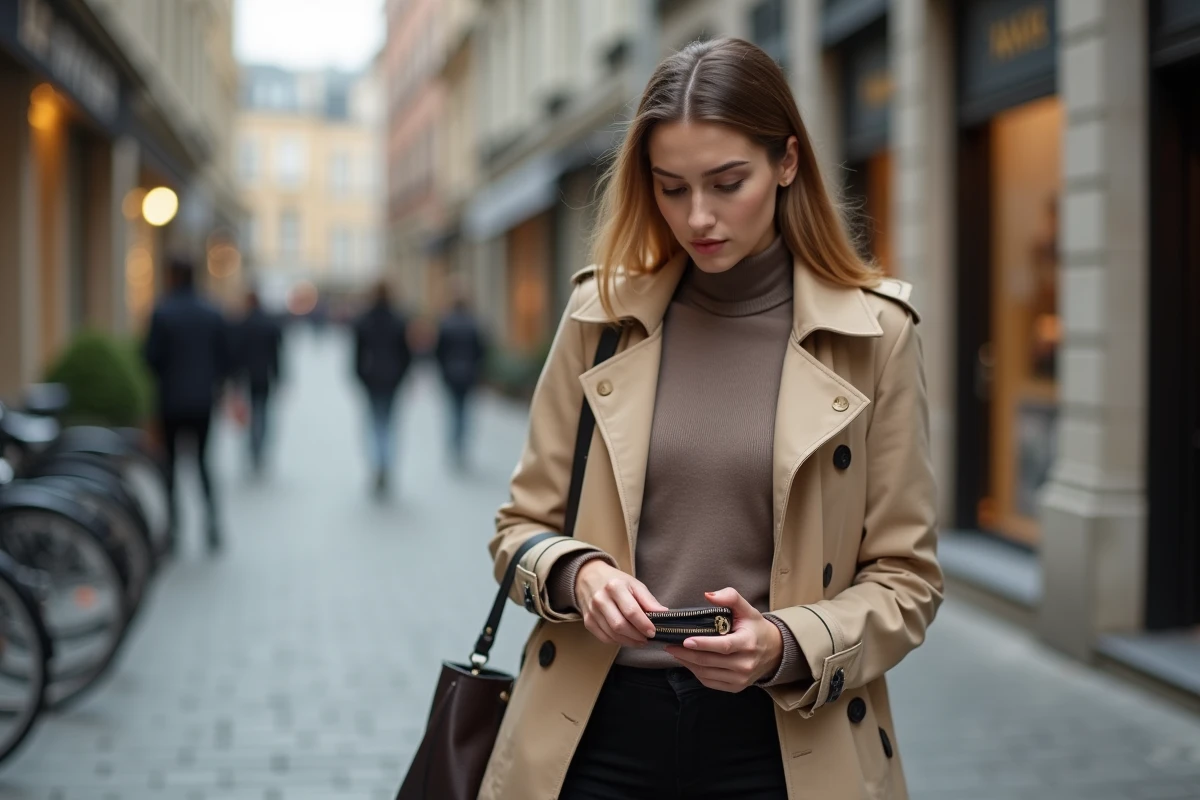 Jeune femme inspectant les détails d'un sac à main potentiellement contrefait reçu d'une commande Zalando dans une rue commerçante