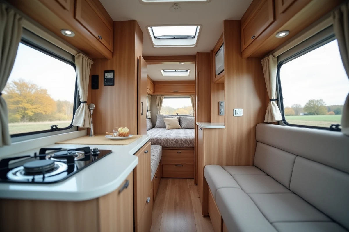 Intérieur confortable d'une caravane 2 places avec coin couchage, cuisine et rangements intégrés