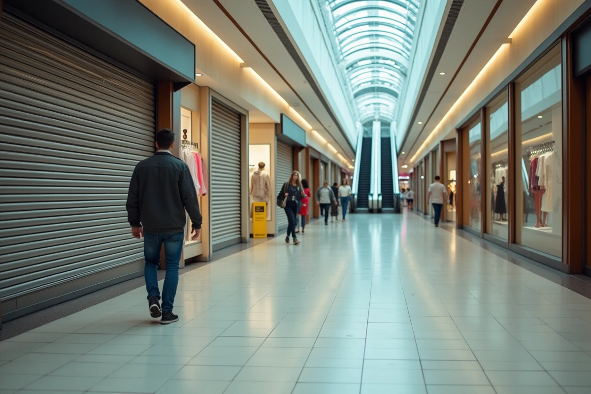 Jeune homme dans un centre commercial désert et fermé