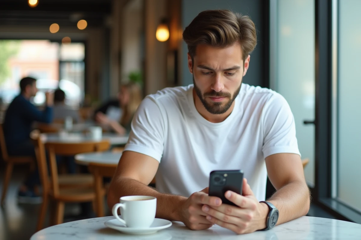 Jeune homme cherchant l'adresse actuelle de 1jour1film sur son smartphone dans un café