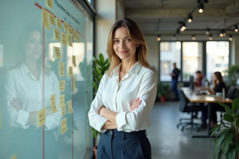 Femme manager debout devant un tableau blanc avec des notes de projet dans un bureau moderne à Paris
