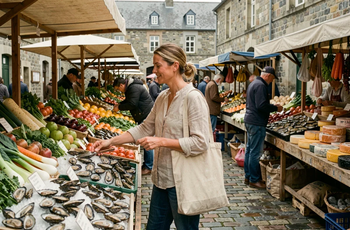 Femme faisant ses courses dans un marché local breton avec des produits frais et des fruits de mer